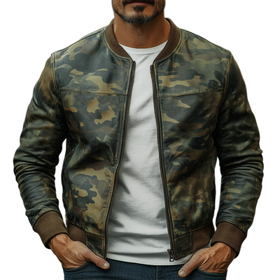 Men's Casual Camouflage Baseball Leather Jacket