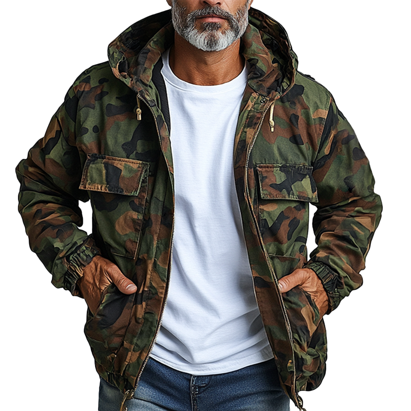 Men's Camouflage Hooded Multi-pocket Zip Cargo Jacket