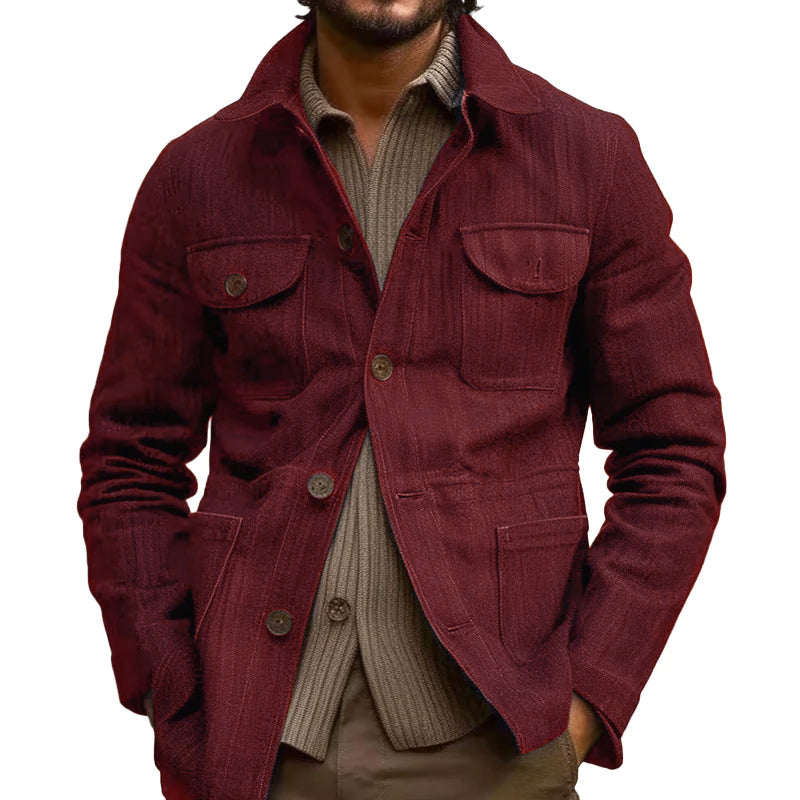 Men's Vintage Linen Blended Lapel Multi-pocket Single Breasted Jacket