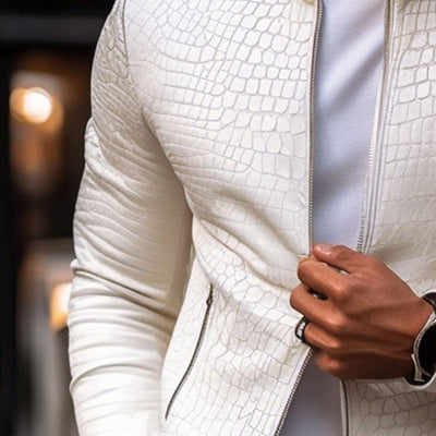 Men's Fashion Stone Pattern Stand Collar Zipper Slim Fit Leather Jacket