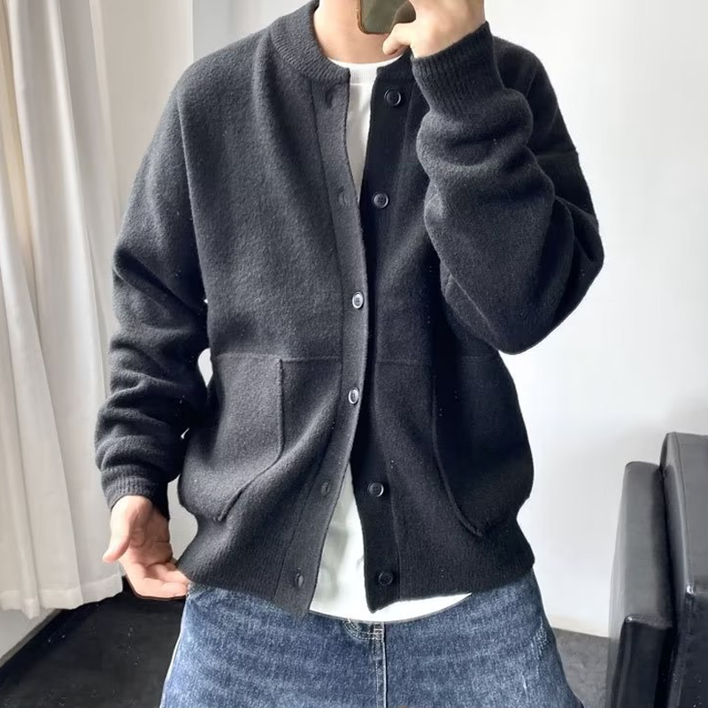 Men's Solid Round Neck Single Breasted Knit Cardigan 02767758Z