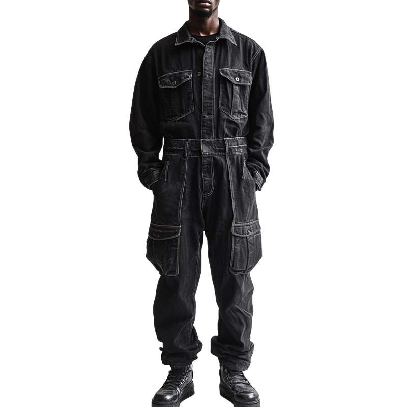Men's Fashion Denim Long Sleeve Multi-pocket Cargo Jumpsuit 42569909Z