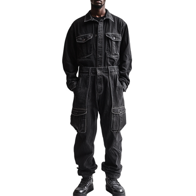 Men's Fashion Denim Long Sleeve Multi-pocket Cargo Jumpsuit 42569909Z