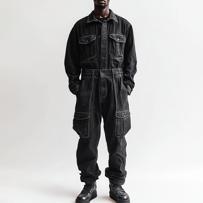 Men's Fashion Denim Long Sleeve Multi-pocket Cargo Jumpsuit 42569909Z