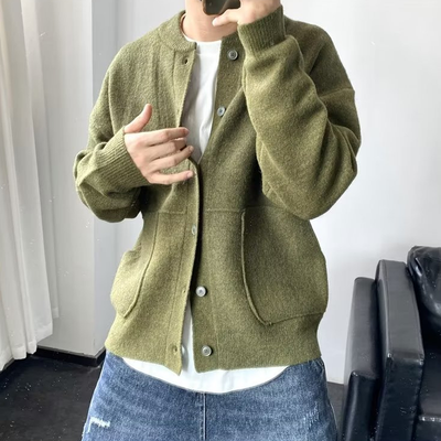 Men's Solid Round Neck Single Breasted Knit Cardigan 02767758Z