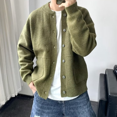 Men's Solid Round Neck Single Breasted Knit Cardigan 02767758Z