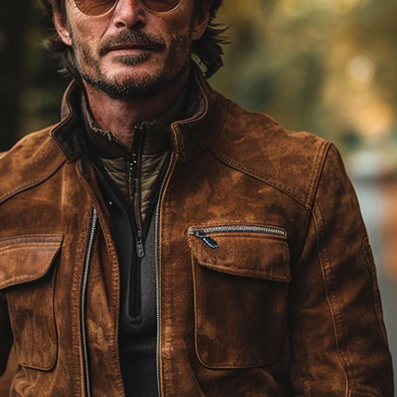 Men's Vintage Suede Stand Collar Zip-Up Jacket