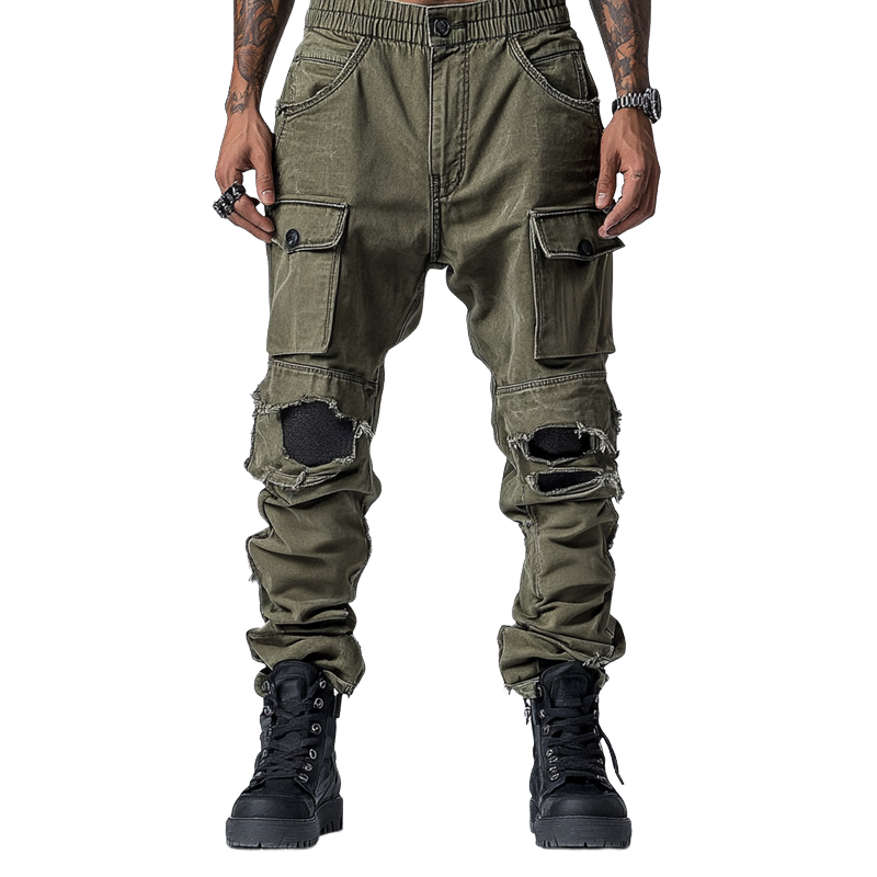 Men's Fashion Distressed Holes Patch Multi-pocket Cargo Pants 48413906Z