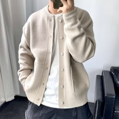 Men's Solid Round Neck Single Breasted Knit Cardigan 02767758Z