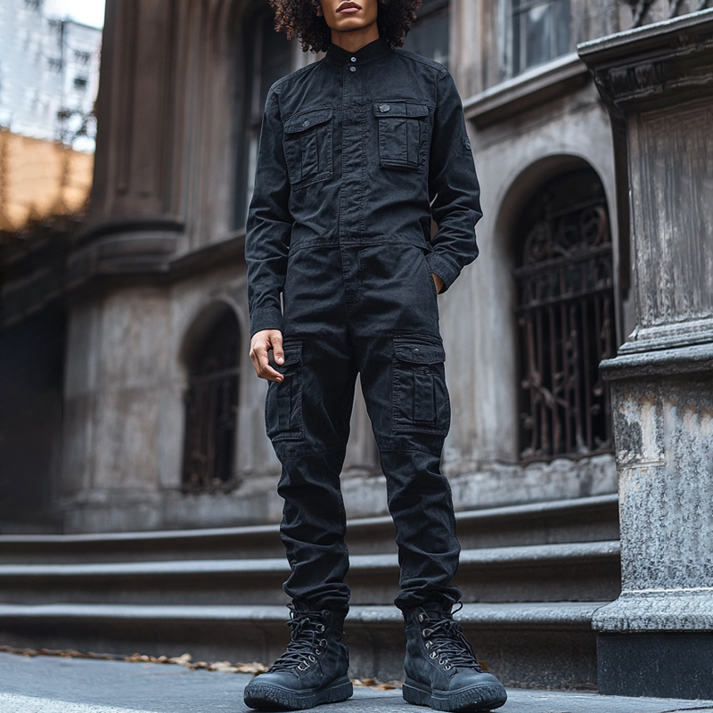 Men's Fashion Denim Long Sleeve Multi-pocket Cargo Jumpsuit 12395329Z