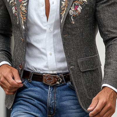 Vintage Classic Slim Fit Rose Embroidered Linen Blazer