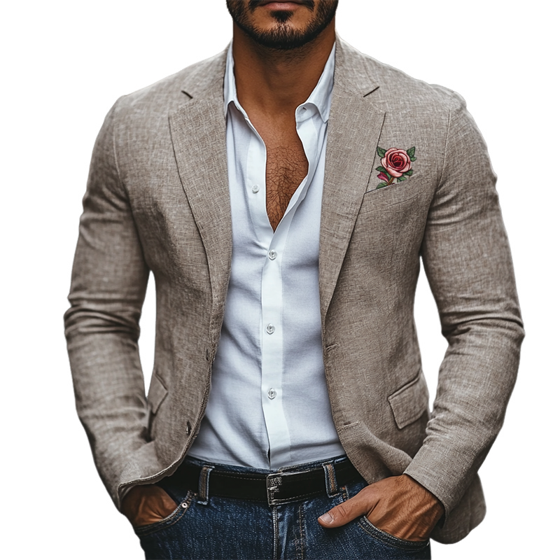 Classic Casual Rose Embroidery Single Breasted Linen Blazer