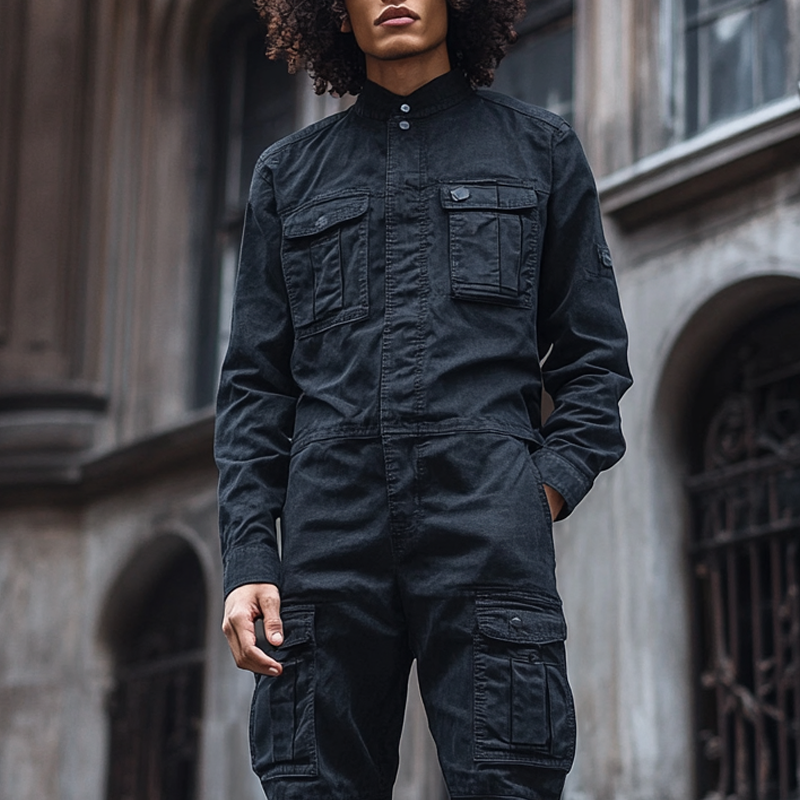 Men's Fashion Denim Long Sleeve Multi-pocket Cargo Jumpsuit 12395329Z