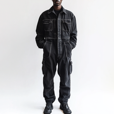 Men's Fashion Denim Long Sleeve Multi-pocket Cargo Jumpsuit 78556096Z