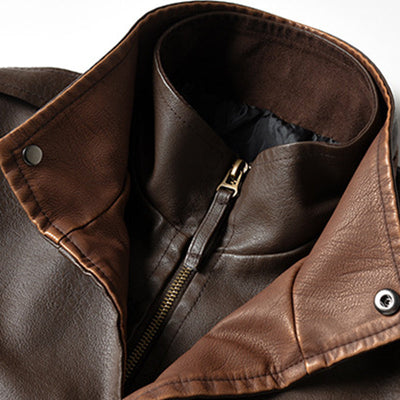 Men's Vintage Double Collar Leather Long Sleeve Zip Fly Bomber Jacket
