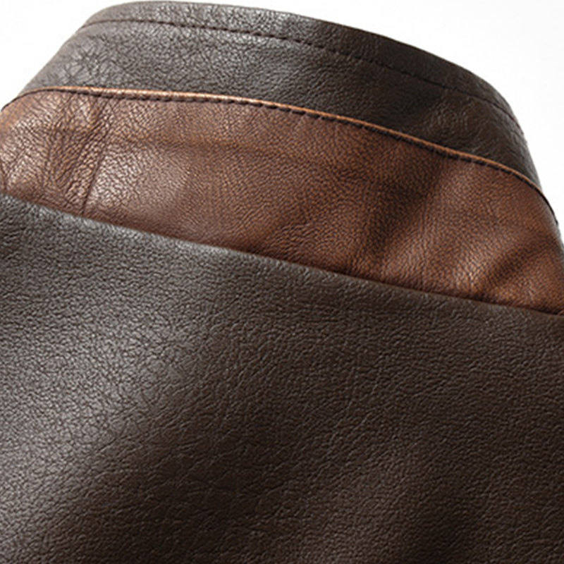Men's Vintage Double Collar Leather Long Sleeve Zip Fly Bomber Jacket