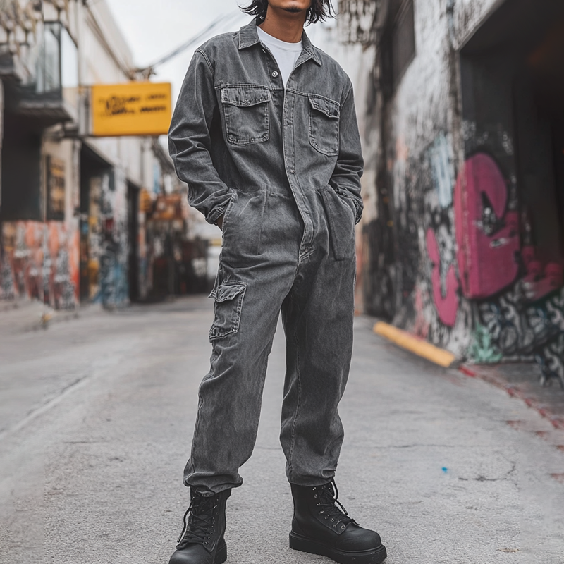 Men's Fashion Denim Long Sleeve Multi-pocket Cargo Jumpsuit 05946628Z