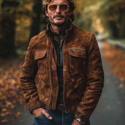 Men's Vintage Suede Stand Collar Zip-Up Jacket