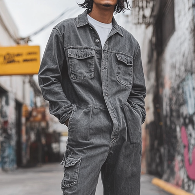 Men's Fashion Denim Long Sleeve Multi-pocket Cargo Jumpsuit 05946628Z