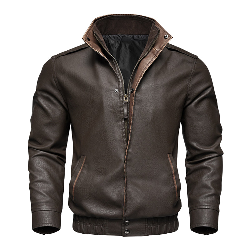 Men's Vintage Double Collar Leather Long Sleeve Zip Fly Bomber Jacket