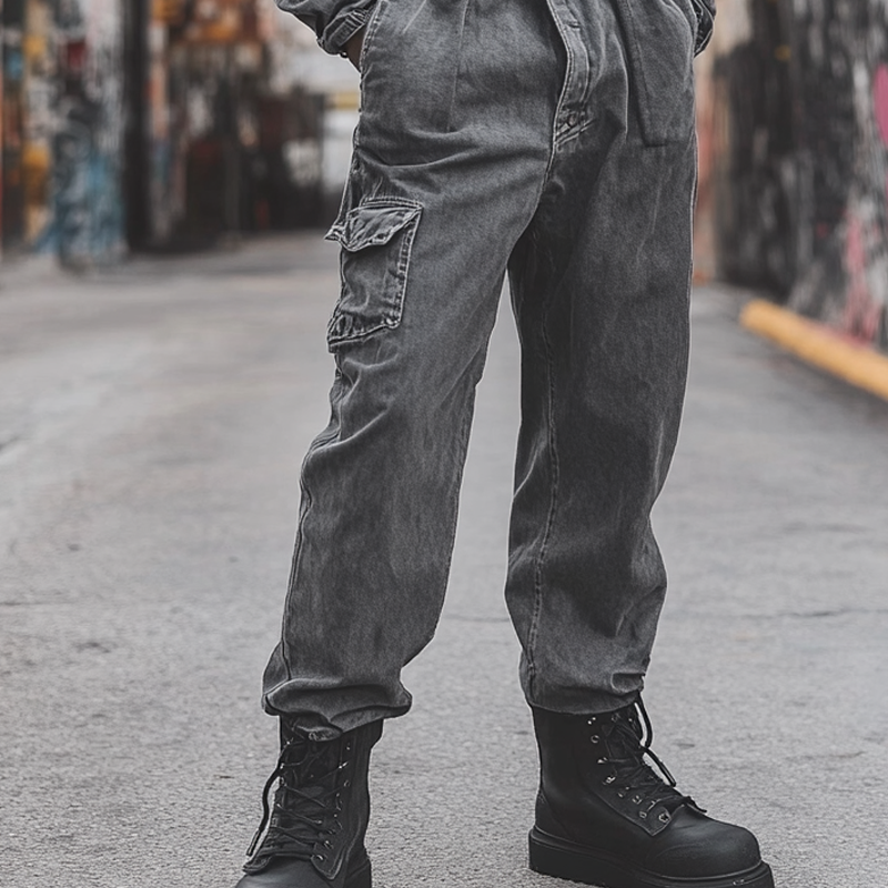 Men's Fashion Denim Long Sleeve Multi-pocket Cargo Jumpsuit 05946628Z