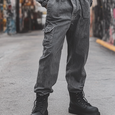 Men's Fashion Denim Long Sleeve Multi-pocket Cargo Jumpsuit 05946628Z