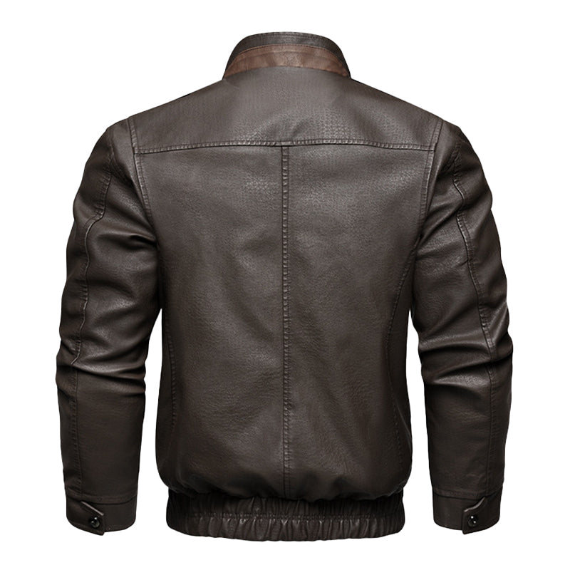 Men's Vintage Double Collar Leather Long Sleeve Zip Fly Bomber Jacket