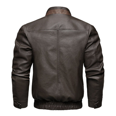 Men's Vintage Double Collar Leather Long Sleeve Zip Fly Bomber Jacket