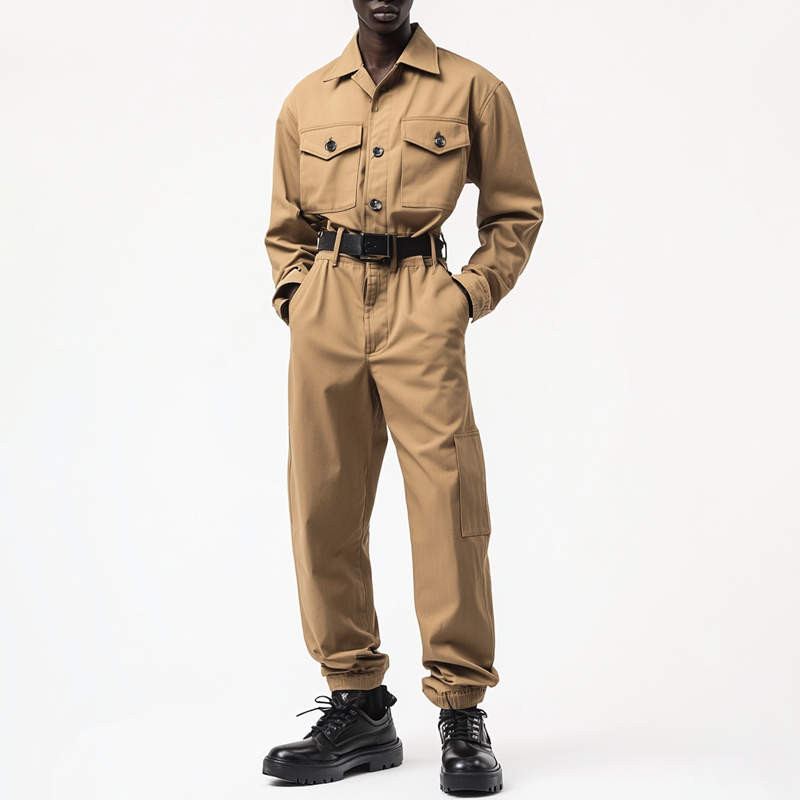 Men's Solid Color Lapel Long Sleeve Multi-pocket Cargo Jumpsuit 19486978Z