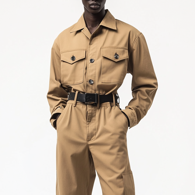 Men's Solid Color Lapel Long Sleeve Multi-pocket Cargo Jumpsuit 19486978Z