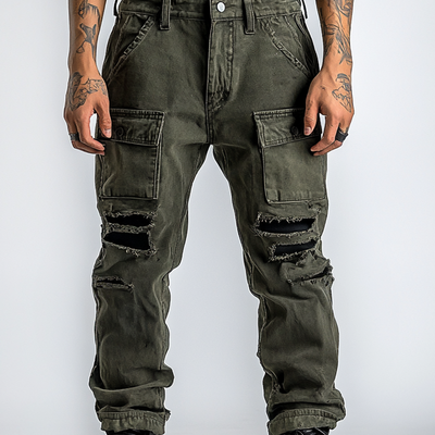 Men's Fashion Distressed Holes Patch Multi-pocket Cargo Pants 39964333Z