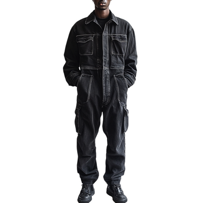 Men's Fashion Denim Long Sleeve Multi-pocket Cargo Jumpsuit 78556096Z