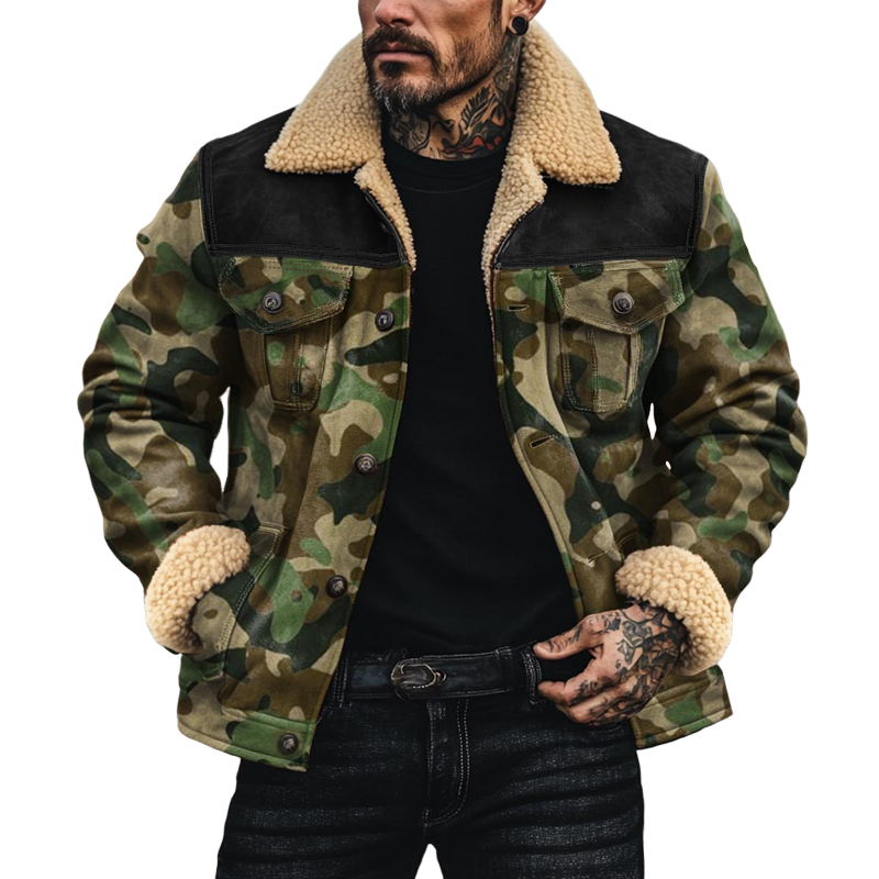 Men's Fleece Lapel Camouflage Suede Single Breasted Jacket