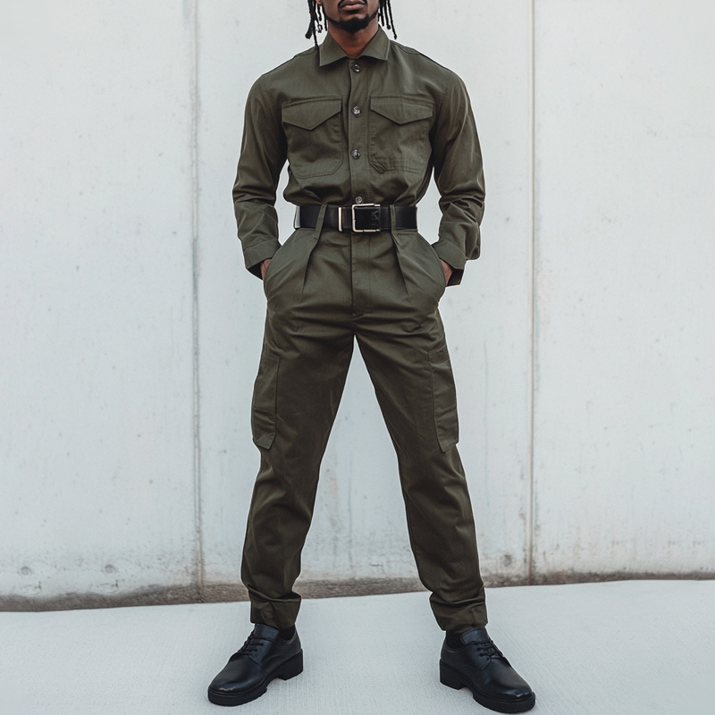 Men's Solid Color Lapel Long Sleeve Multi-pocket Cargo Jumpsuit 33009489Z