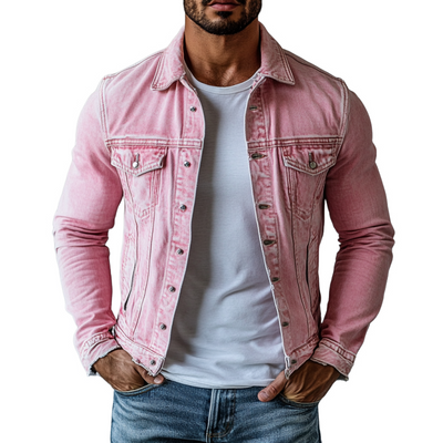 Men's Vintage Washed Denim Lapel Single Breasted Slim Fit Long Sleeve Jacket