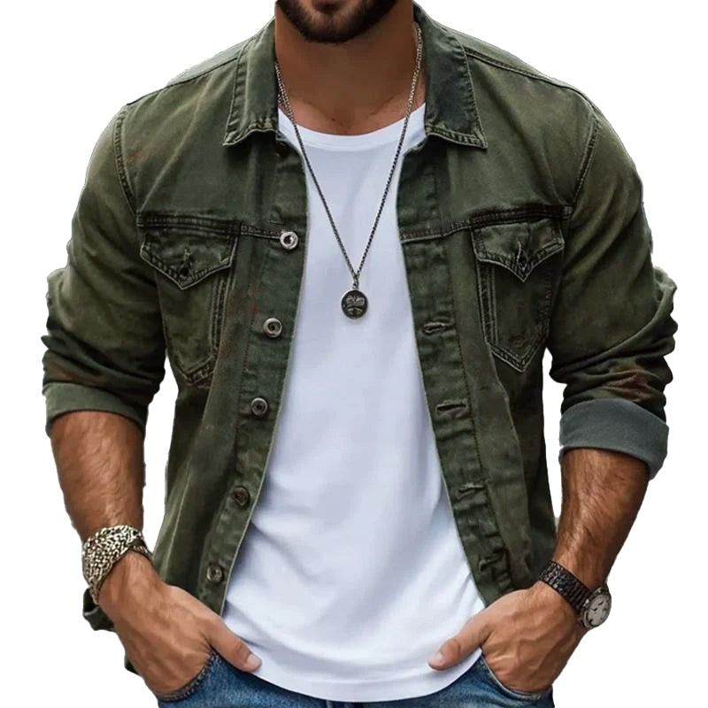 Men's Vintage Washed Denim Lapel Single Breasted Slim Fit Long Sleeve Jacket