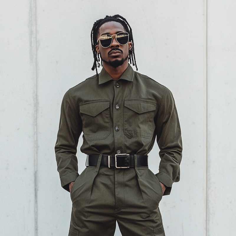 Men's Solid Color Lapel Long Sleeve Multi-pocket Cargo Jumpsuit 33009489Z