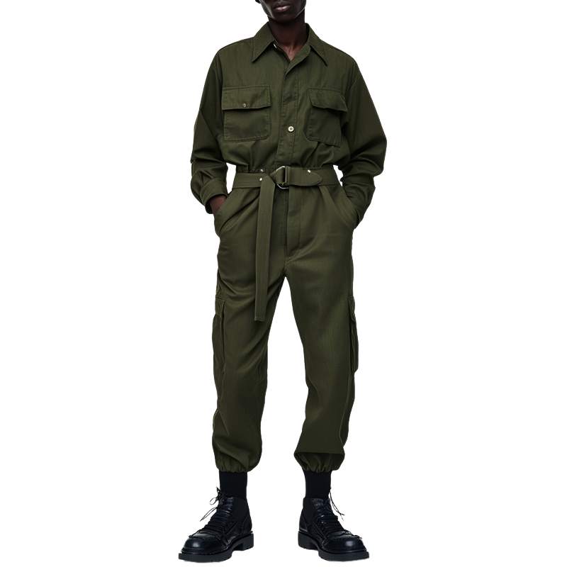 Men's Solid Color Lapel Long Sleeve Multi-pocket Cargo Jumpsuit 29998184Z