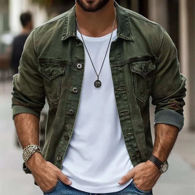 Men's Vintage Washed Denim Lapel Single Breasted Slim Fit Long Sleeve Jacket