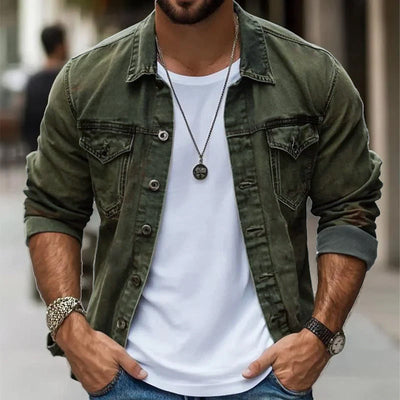 Men's Vintage Washed Denim Lapel Single Breasted Slim Fit Long Sleeve Jacket