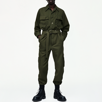 Men's Solid Color Lapel Long Sleeve Multi-pocket Cargo Jumpsuit 29998184Z