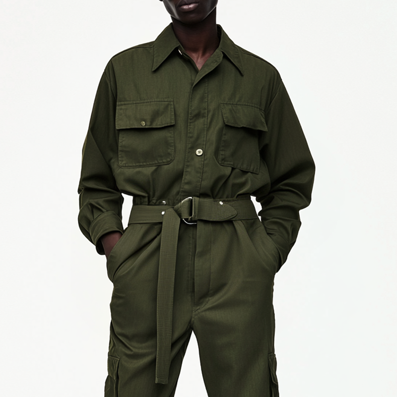 Men's Solid Color Lapel Long Sleeve Multi-pocket Cargo Jumpsuit 29998184Z
