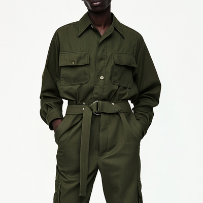Men's Solid Color Lapel Long Sleeve Multi-pocket Cargo Jumpsuit 29998184Z