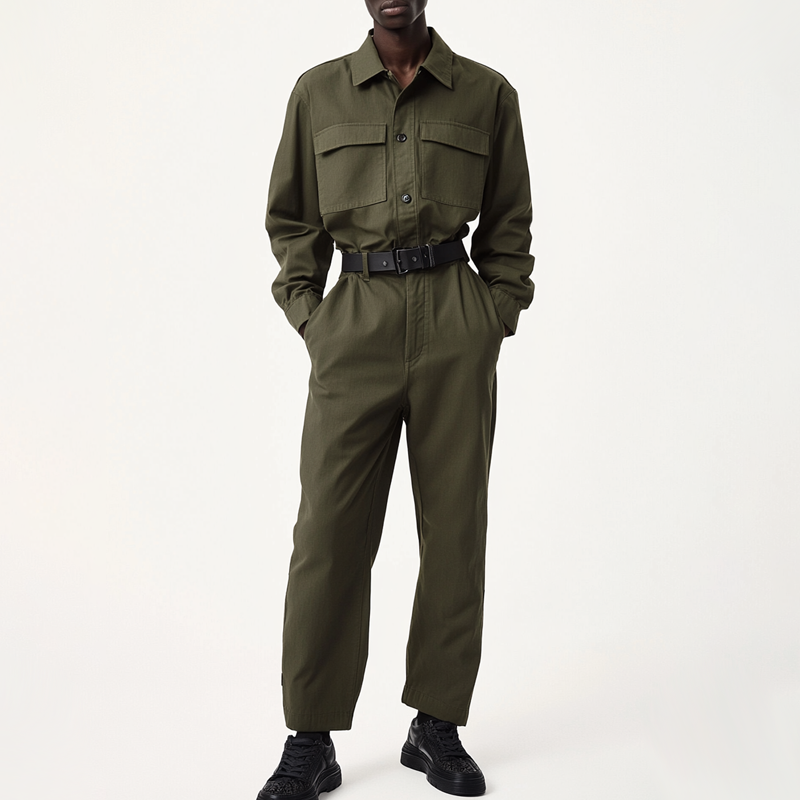 Men's Solid Color Lapel Long Sleeve Multi-pocket Cargo Jumpsuit 86523872Z