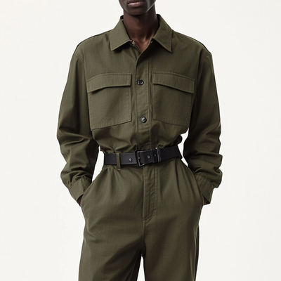 Men's Solid Color Lapel Long Sleeve Multi-pocket Cargo Jumpsuit 86523872Z