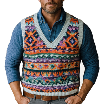 Men's Retro Geometric V-Neck Sleeveless Knit Vest 50318349Z