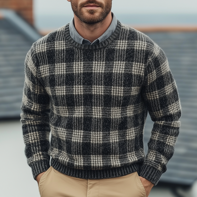 Men's Fashion Checked Round Neck Long Sleeve Knit Sweater 49087110Z