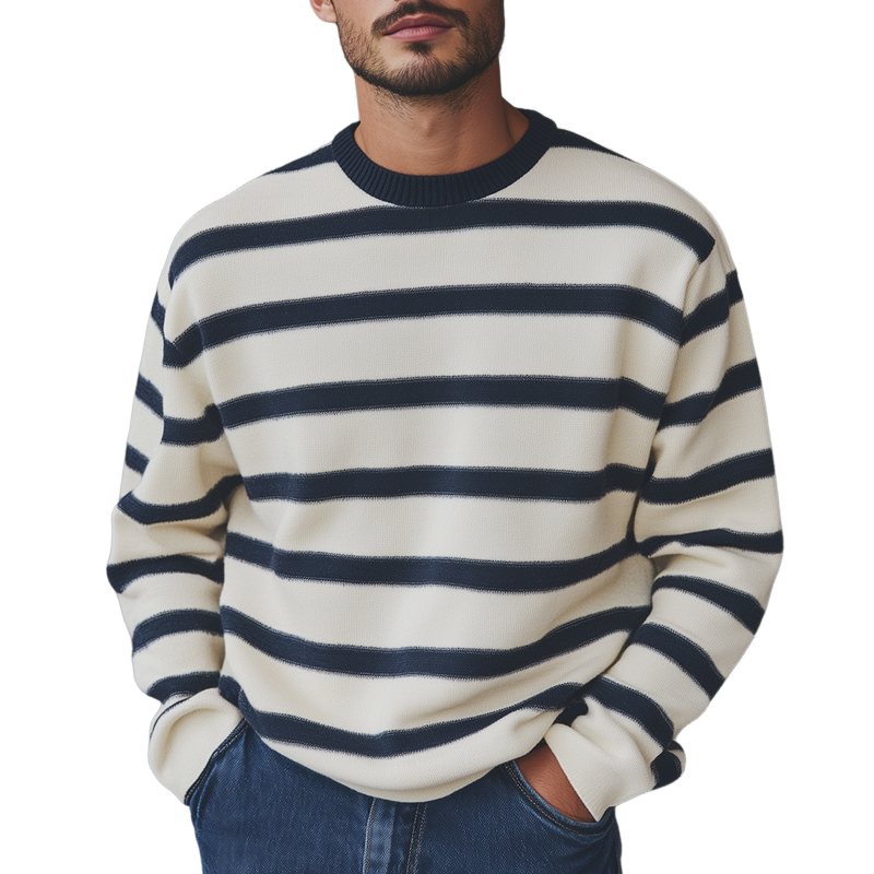 Men's Fashion Striped Round Neck Long Sleeve Knit Sweater 37722392Z