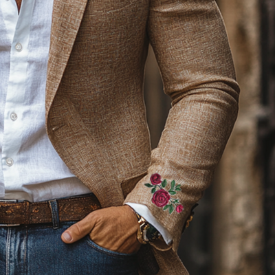 Casual Cuff Rose Embroidery Single-breasted Linen Blazer