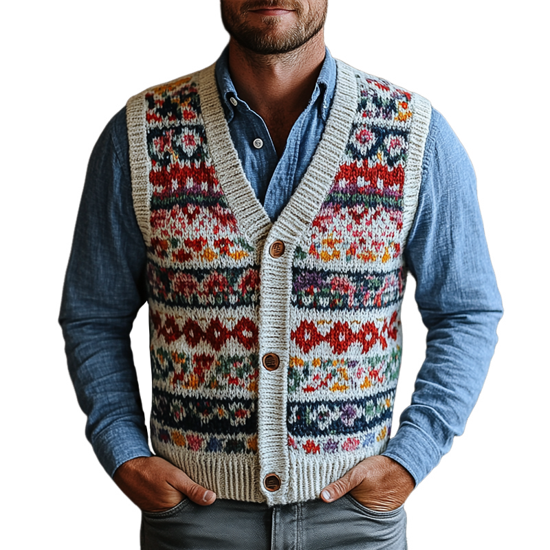 Men's Retro Geometric V-Neck Sleeveless Knit Vest 50287631Z